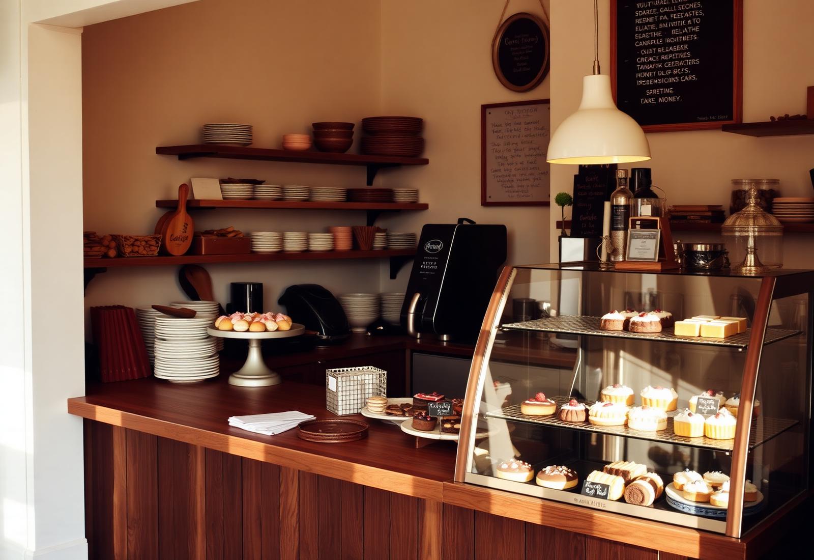 Bakery counter with a glass case full of cakes and danish pastries